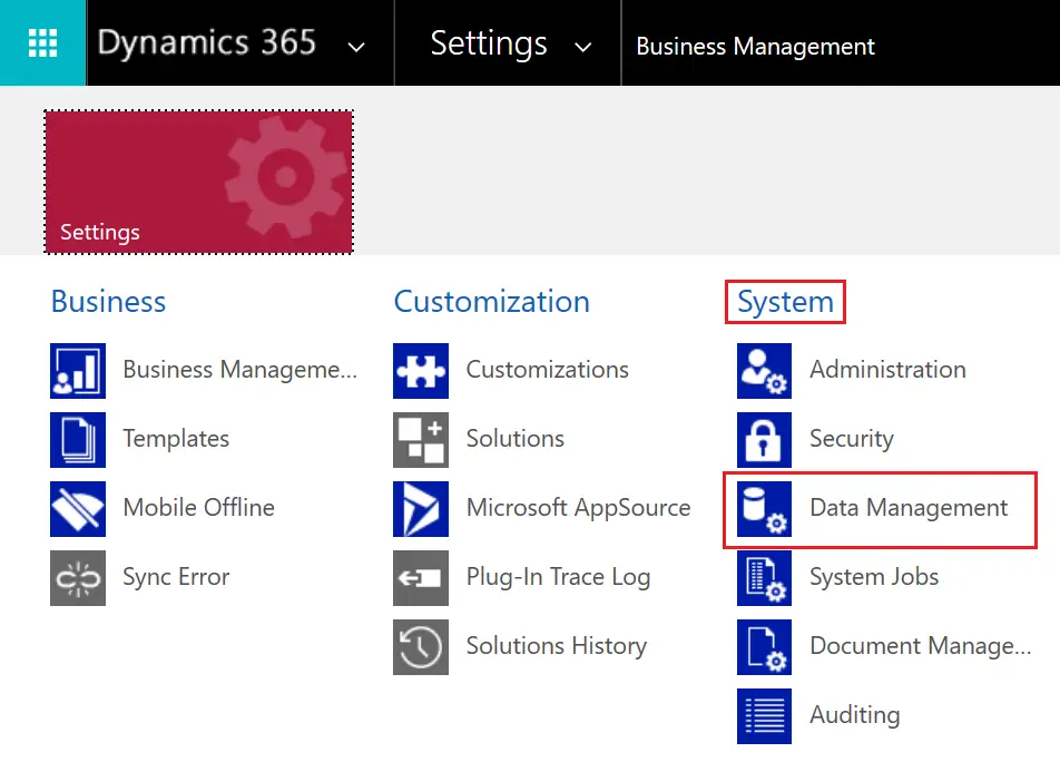 D365 Data Management navigation